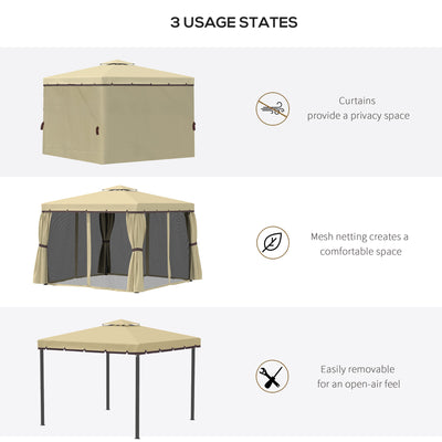 Outsunny 3 x 3(m) Patio Gazebo Canopy Garden Pavilion Tent Shelter with 2 Tier Water Repellent Roof, Mosquito Netting and Curtains, Aluminium Frame, Beige 