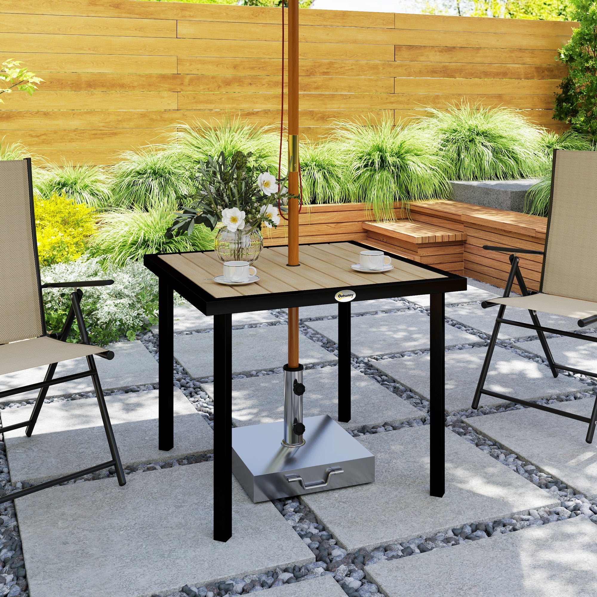 Outsunny Square Garden Dining Table with 5.4cm Parasol Hole, Slatted Top, Metal Frame, 86 x 86 x 71cm, Brown 