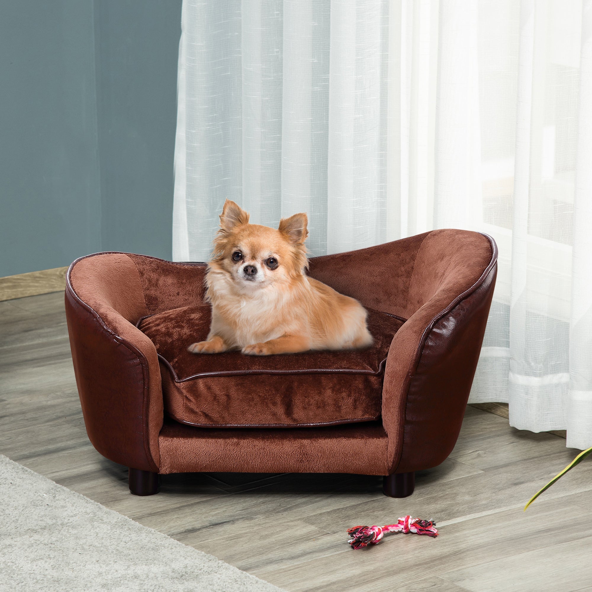 PawHut Dog Sofa Chair with Legs, Pet Couch with Soft Cushion for Extra Small Dogs Cats, Brown, 68.5 x 40.5 x 40.5 cm 