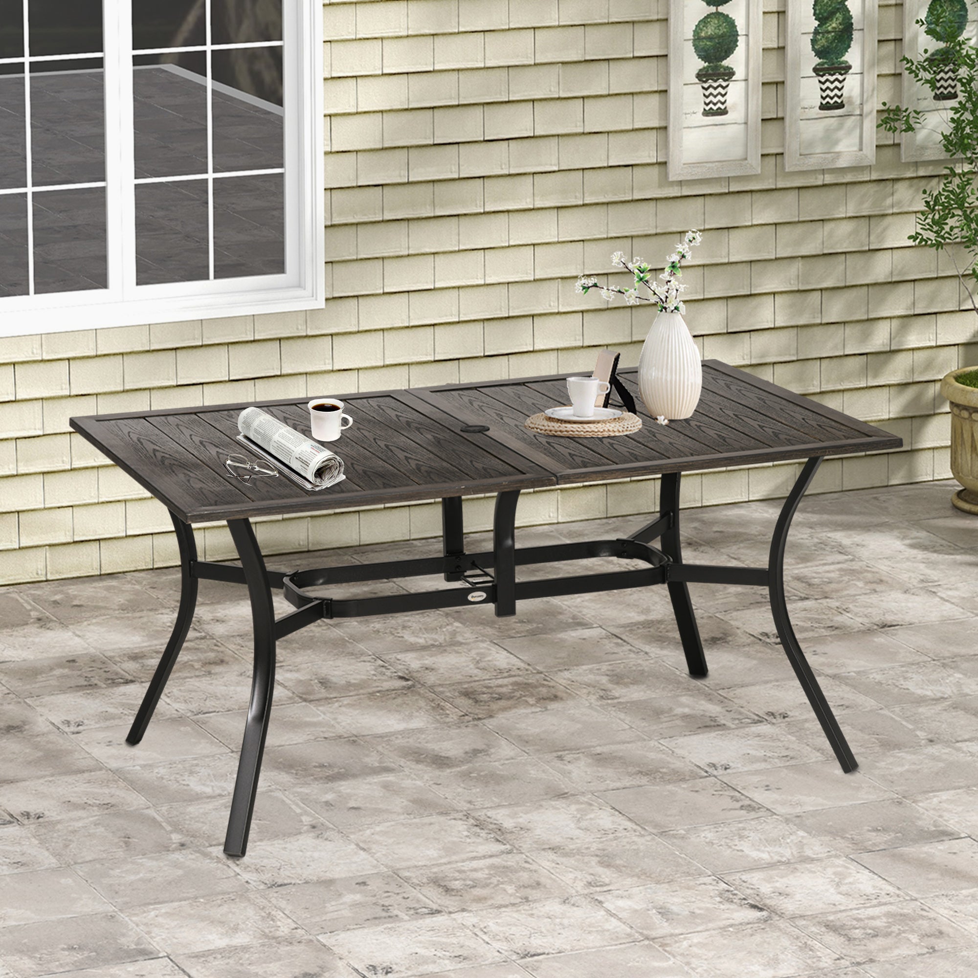 Outsunny Six-Seater Steel Garden Table, with \'e2\'8c\'8041mm Parasol Hole - Wood-Effect 
