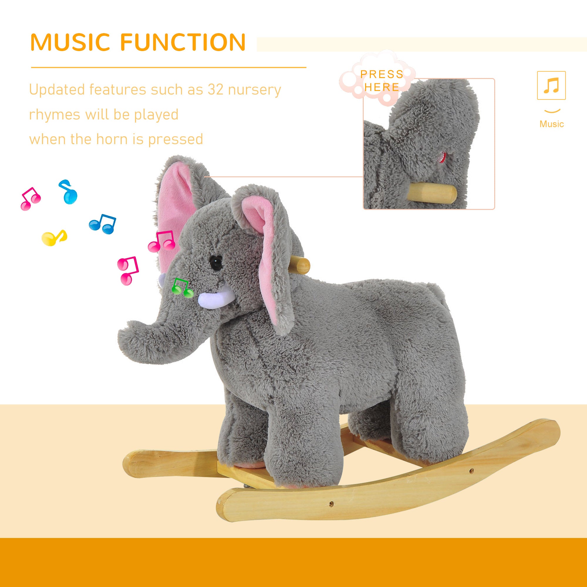 HOMCOM Kids Children Rocking Horse Plush Ride on Animal Wooden Riding Traditional Rocker Gift w/32 nursery rhymes (Grey Elephant) 
