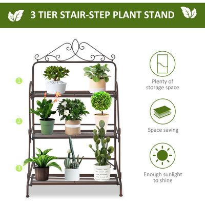 Outsunny 3 Tier Stair Style Metal Plant Stand, Flower Pot Holder Display Shelf, Storage Organizer Rack for Indoor Outdoor Patio Balcony Yard 