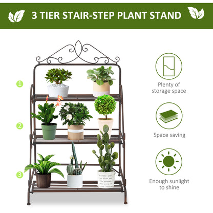Outsunny 3 Tier Stair Style Metal Plant Stand, Flower Pot Holder Display Shelf, Storage Organizer Rack for Indoor Outdoor Patio Balcony Yard 