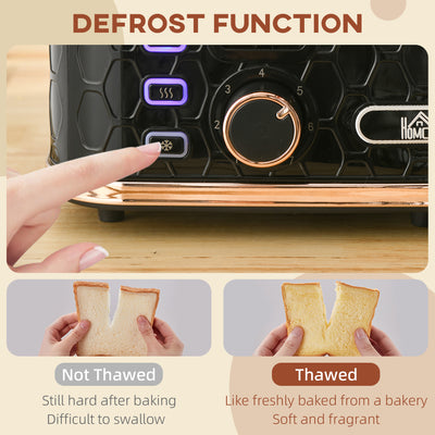 HOMCOM 4 Slice Toaster with 7 Browning Levels, High Lift, Reheat/Defrost/Cancel, Self-centring Function, Removable Crumb Tray, Auto Off, 1600W, Black Honeycomb Texture 