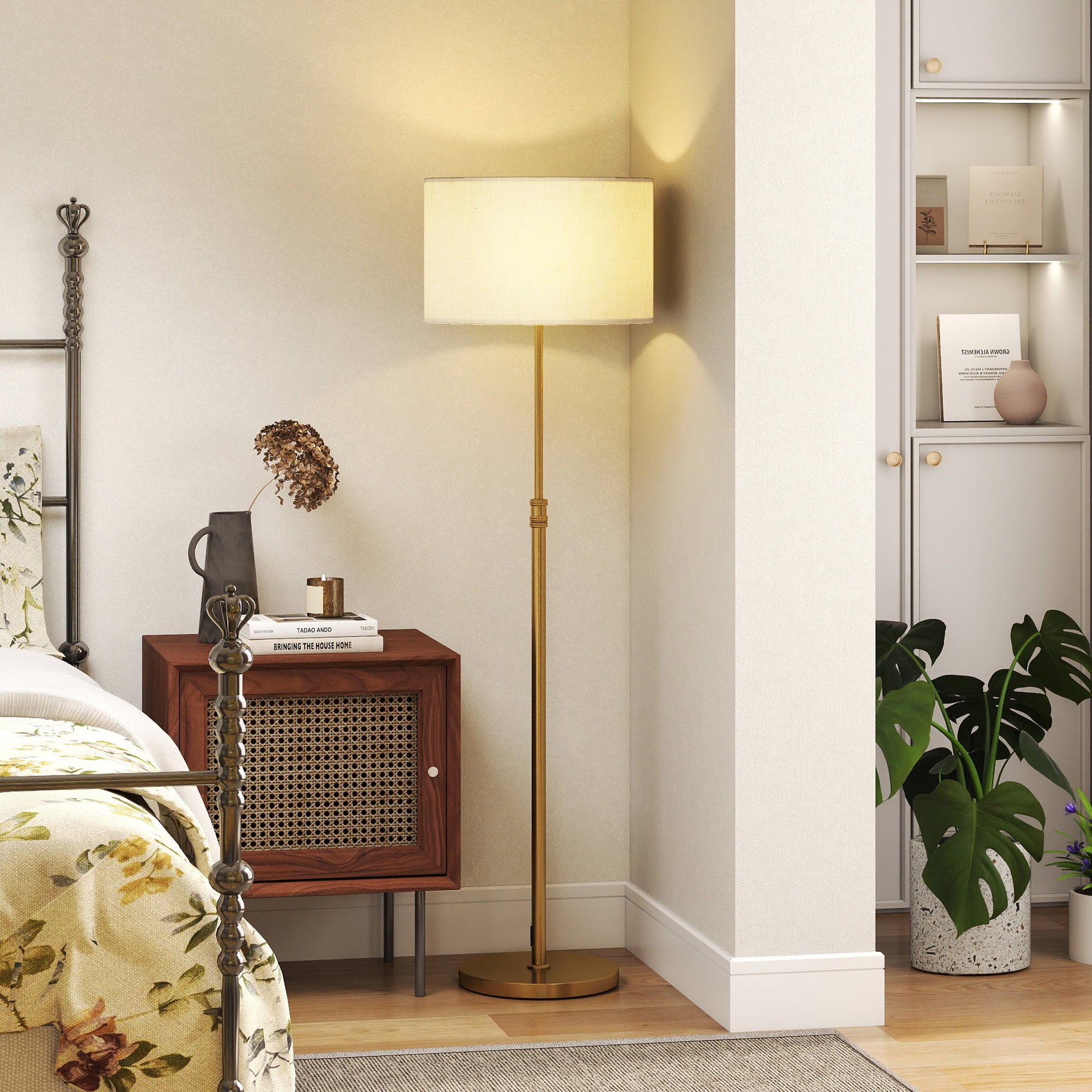 HOMCOM Floor Lamp with Remote, Height Adjustable Standing Lamp with Linen Shade, Dimmable with 3000K-6000K Adjustable Colour Temperatures, Foot Switch for Living Room Bedroom Office, Gold Tone 