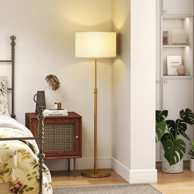 HOMCOM Floor Lamp with Remote, Height Adjustable Standing Lamp with Linen Shade, Dimmable with 3000K-6000K Adjustable Colour Temperatures, Foot Switch for Living Room Bedroom Office, Gold Tone 