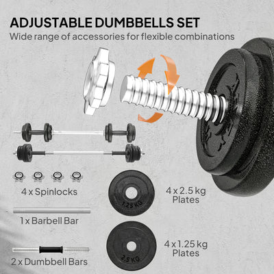 SPORTNOW 2-in-1 Adjustable Dumbbells Set, 20kg Cast Iron Weights Dumbbells Set with Non-Slip Grip for Strength Training, Weight Lifting, Bodybuilding, Home Gym Workout Equipment for Men & Women 