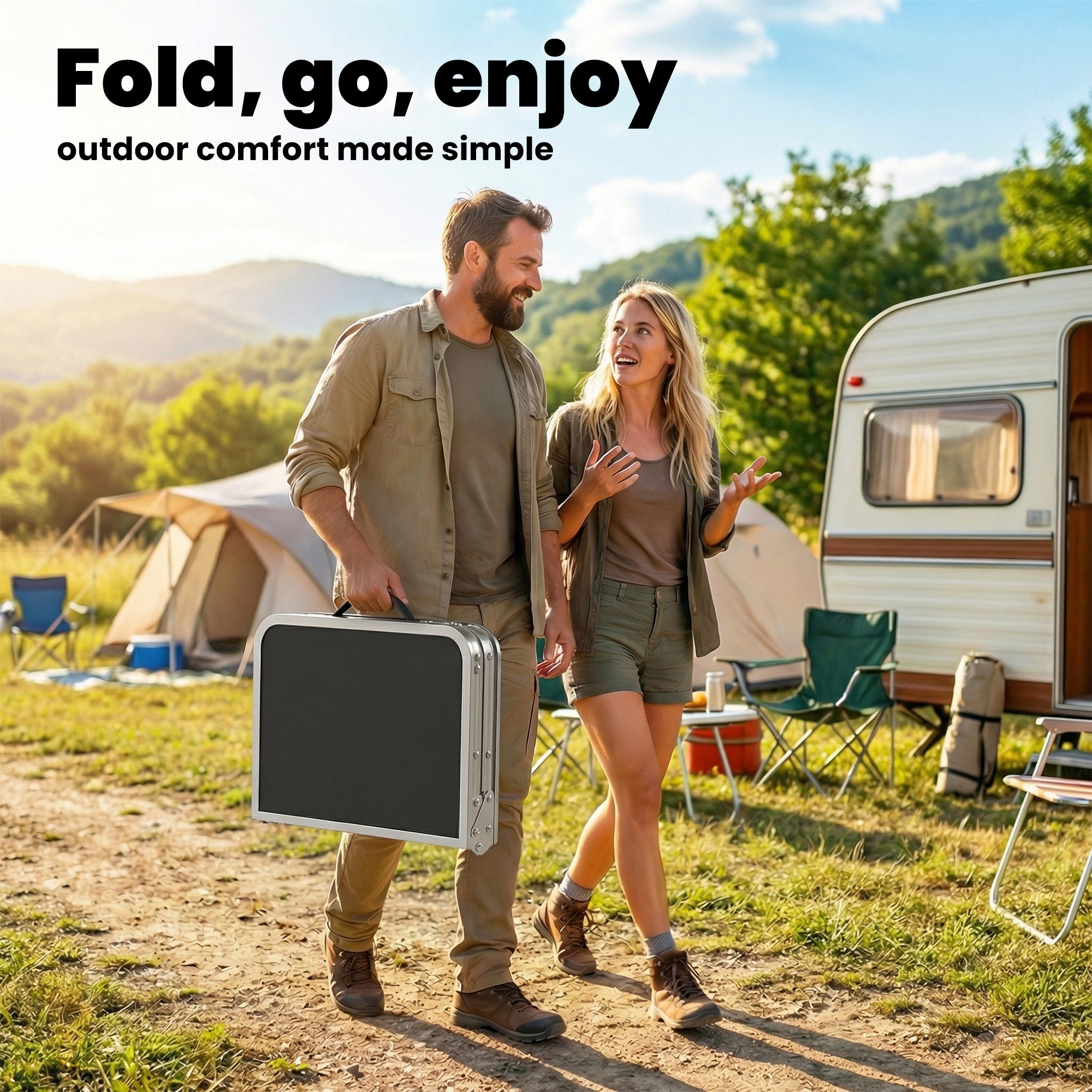 Outsunny 2ft Folding Camping Table, Picnic Table with Mesh Storage Layer, 4 Adjustable Heights and Carrying Handle, Black 