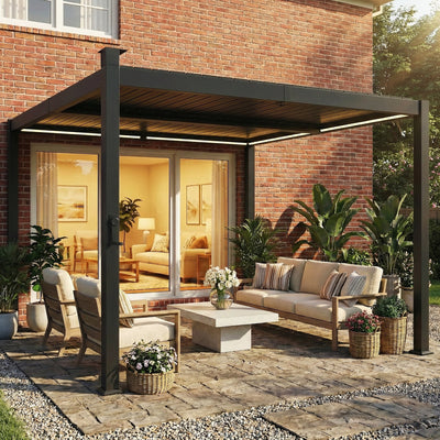 Outsunny 3 x 3 m Louvered Pergola with Solar LED lights, Metal Roof, Patio Gazebo Pergola Canopy with Drainage Gutters, Black 
