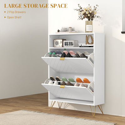 HOMCOM 12 Shoe Storage Cabinet, with Chevron Indents and Gold Tone Accents - White 