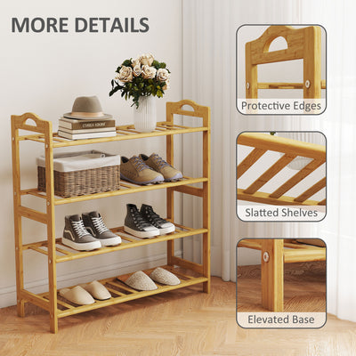 HOMCOM Freestanding Bamboo Shoe Rack, 4-Tier Shoe Shelf Stand for Hallway, Living Room, Bedroom, Natural Wood Finish 