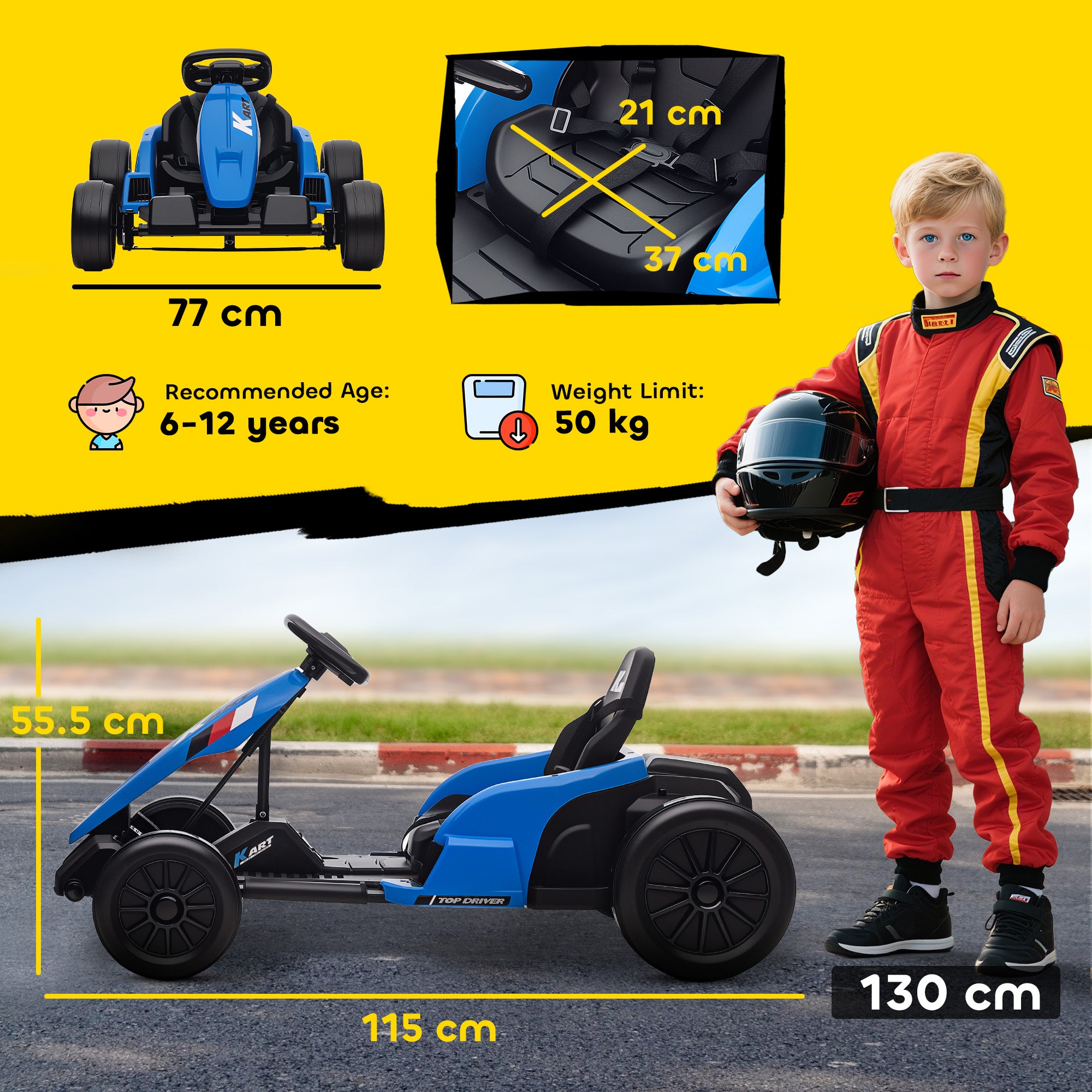 AIYAPLAY 24V Electric Go Kart, Drift Kart with Adjustable Seat, Slow Start, 5-Point Harness, Music, Horn, for 6-12 Years, Blue 