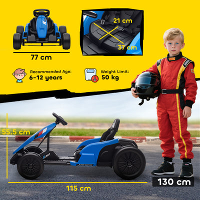 AIYAPLAY 24V Electric Go Kart, Drift Kart with Adjustable Seat, Slow Start, 5-Point Harness, Music, Horn, for 6-12 Years, Blue 