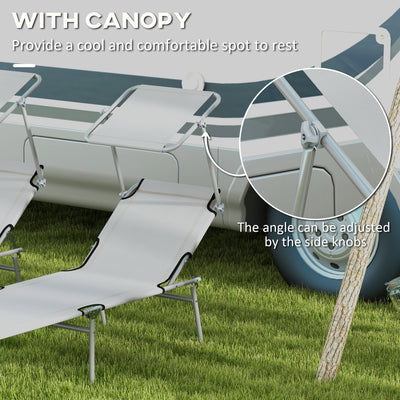Outsunny Outdoor Foldable Sun Lounger Set of 2, 4 Level Adjustable Backrest Reclining Sun Lounger Chair with Angle Adjust Sun Shade Awning for Beach, Garden, Patio, Light Grey 