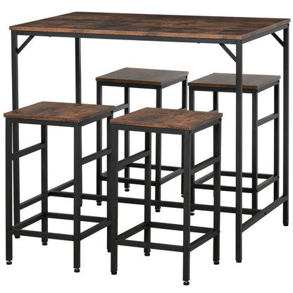 HOMCOM Industrial Rectangular Bar Table Set with 4 Stools for Dining Room, Kitchen, Dinette 