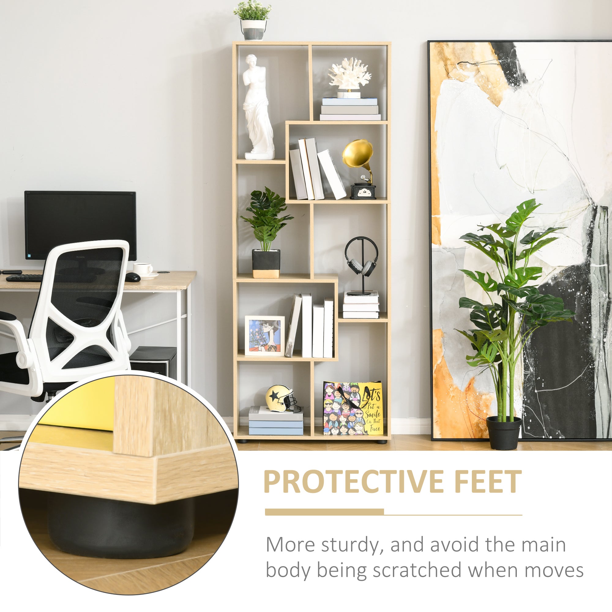 HOMCOM 8-Tier Freestanding Bookcase w/ Melamine Surface Anti-Tipping Foot Pads Home Display Storage Grid Stand Bedroom Living Room Furniture Modern Style - Natural 