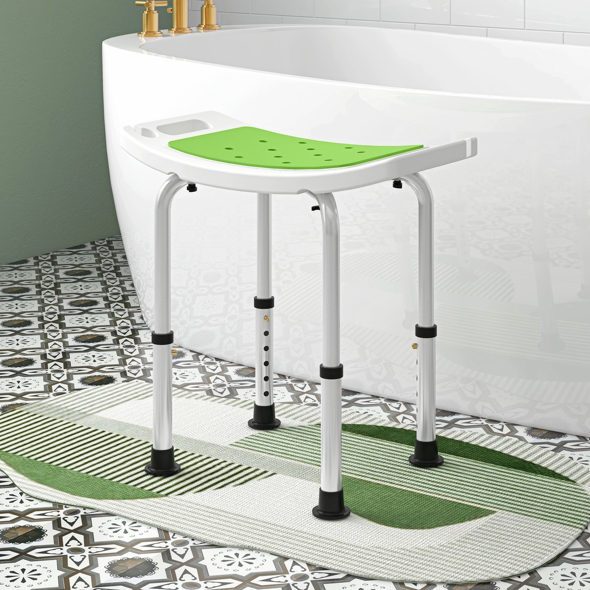 HOMCOM 6-Level Height Adjustable Aluminium Bath Room Stool Chair Shower Non-Slip Design w/ Padded Seat Drainage Holes Foot Pad, Green 