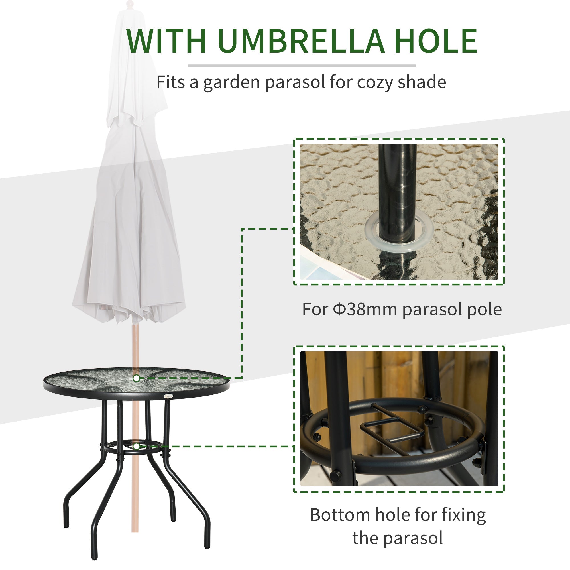 Outsunny Outdoor φ80cm Round Dining Table Tempered Glass Top Steel Frame Bistro Coffee End Side Table Garden w/ Parasol Hole 