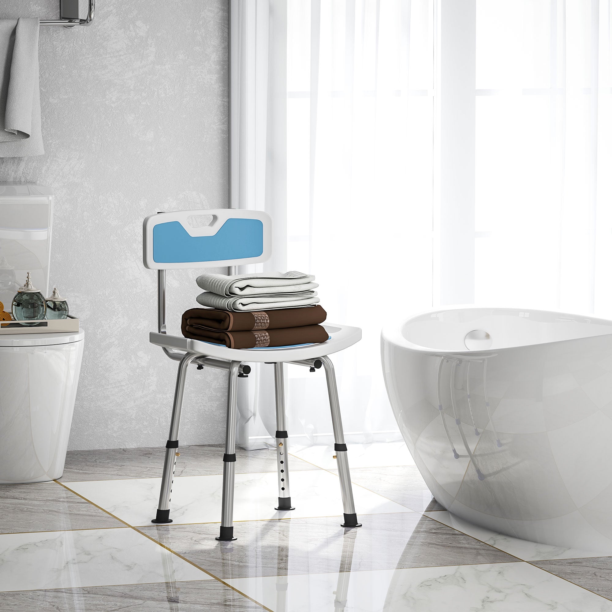 HOMCOM Shower Stool with Backrest, Height Adjustable Shower Chair with Anti-slip Foot Pads, Shower Head Holder, Light Blue 