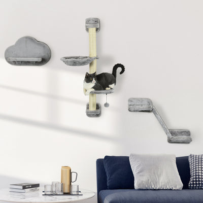 PawHut Three-Piece Wall-Mounted Cat Shelves, with Hammock, Ladder, Platforms, Scratching Post - Grey 