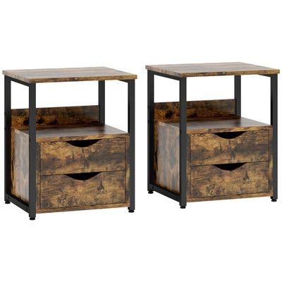 HOMCOM Industrial Side Table Set of 2, Sofa Table with Drawer, Bedside Cabinet with Storage Shelf, Slim Nightstand for Living Room, Bedroom, Rustic Brown 