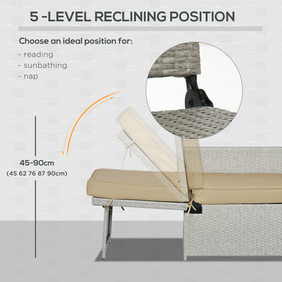 Outsunny 5PC PE Rattan Sun Lounger, Outdoor Wicker 5-level Adjustable Recliner Sofa Bed with Storage Side Table and Footstools, for Patio, Garden, Poolside, Beige 