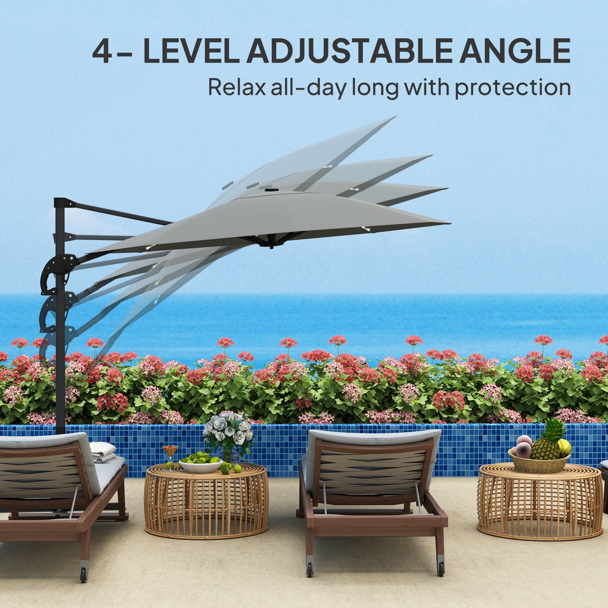 Outsunny 3(m) Cantilever Garden Parasol with Solar Powered Lights, Crank Handle & Cross Base, UPF 50+, 360° Rotation, Dark Grey 