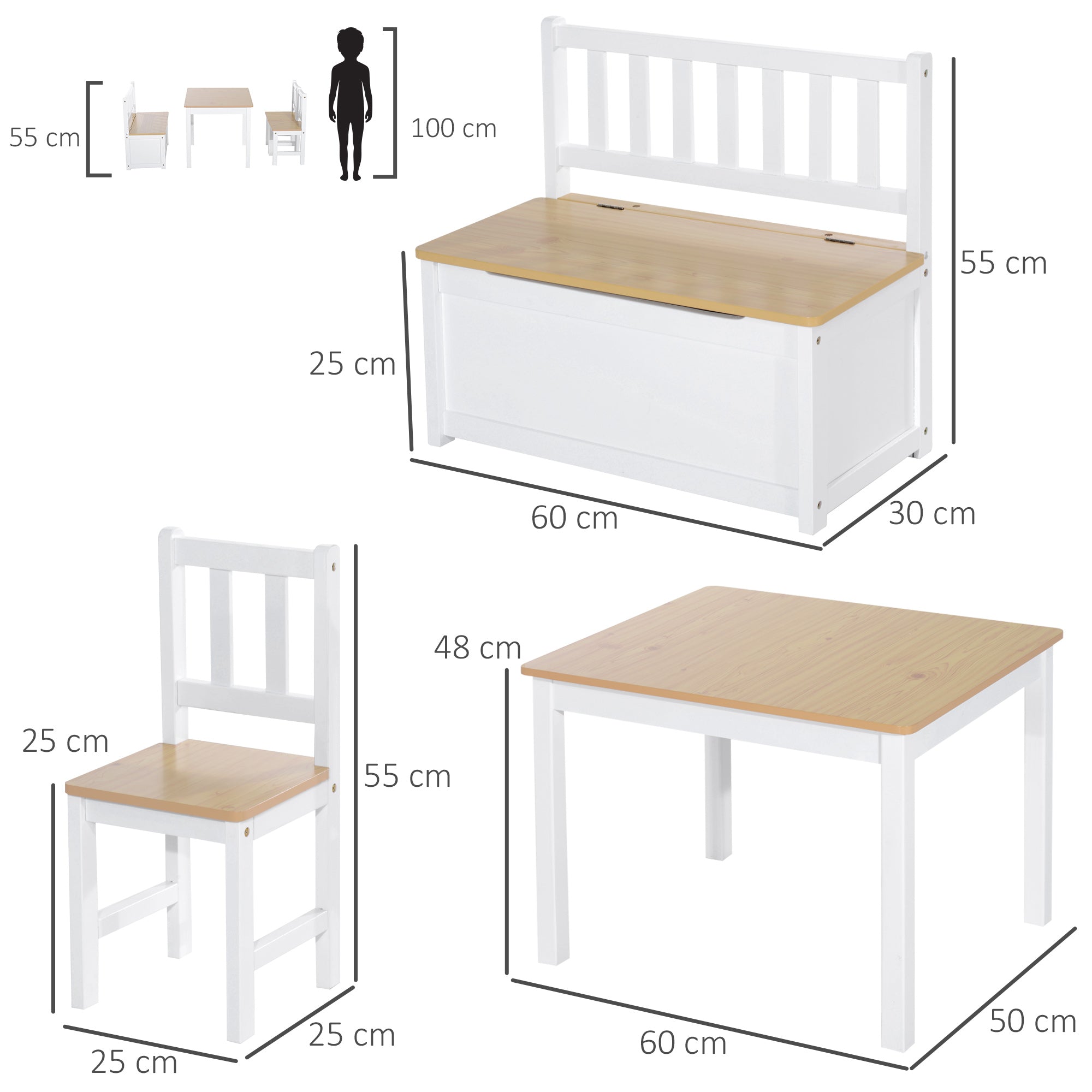 HOMCOM 4-Piece Kids Table and Chair Set with 2 Wooden Chairs, 1 Storage Bench, and Interesting Modern Design, Beige/White 