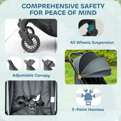 AIYAPLAY Foldable Baby Stroller with Adjustable Seat, 5-Point Harness, Canopy, Basket, 6.3kg Lightweight & Compact, Dark Grey 