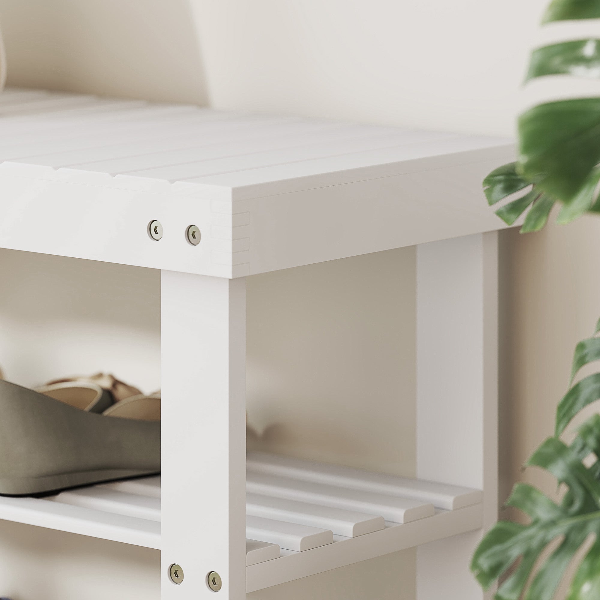 HOMCOM Two Shelf Bamboo Shoe Storage Bench - White 