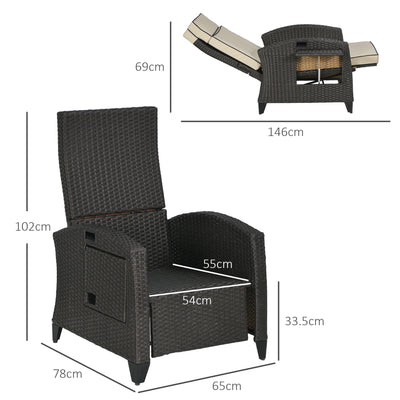 Outsunny Outdoor Recliner Chair with Adjustable Backrest and Footrest, Cushion, Side Tray, Khaki 