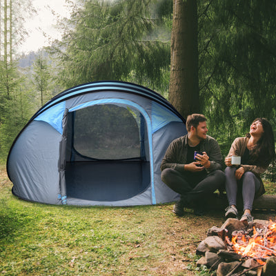 Outsunny 4-5 Person Pop-up Camping Tent Family Tent w/ 2 Mesh Windows & PVC Windows Portable Carry Bag for Outdoor Trip, Sky Blue 