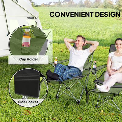 Outsunny Set of 2 Reclining Folding Camping Chair w/ Detachable Footrest, Storage Bag, Cup Holder & Headrest, Lightweight Portable Camp Chair for Beach, Picnic, Olive Green and Grey 