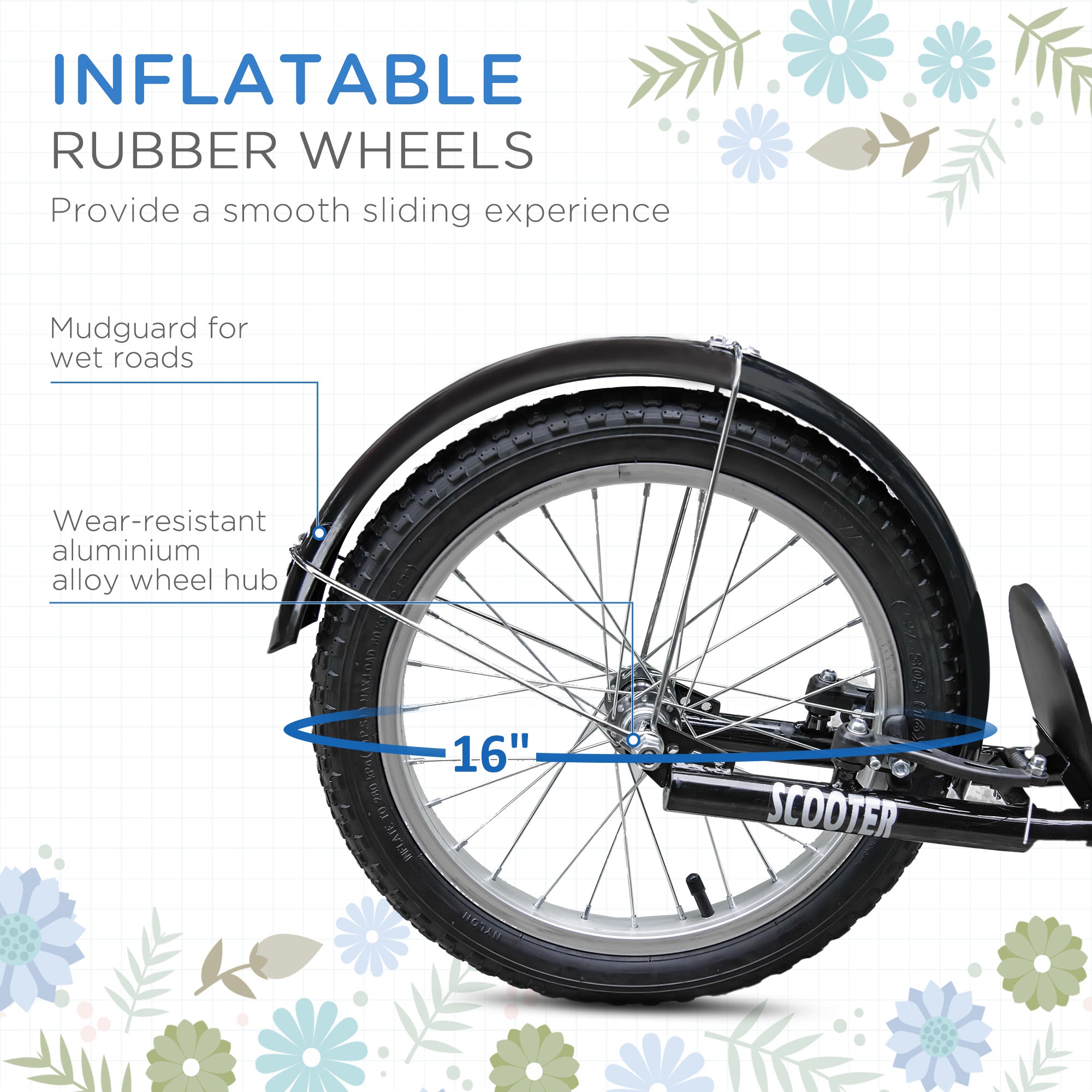 HOMCOM Kids Scooter, Kick Stunt Scooter with Adjustable Handlebar, Dual Brakes, Basket, Cupholder, Mudguard, 16" Inflatable Rubber Wheels, for 5-12 years, Blue