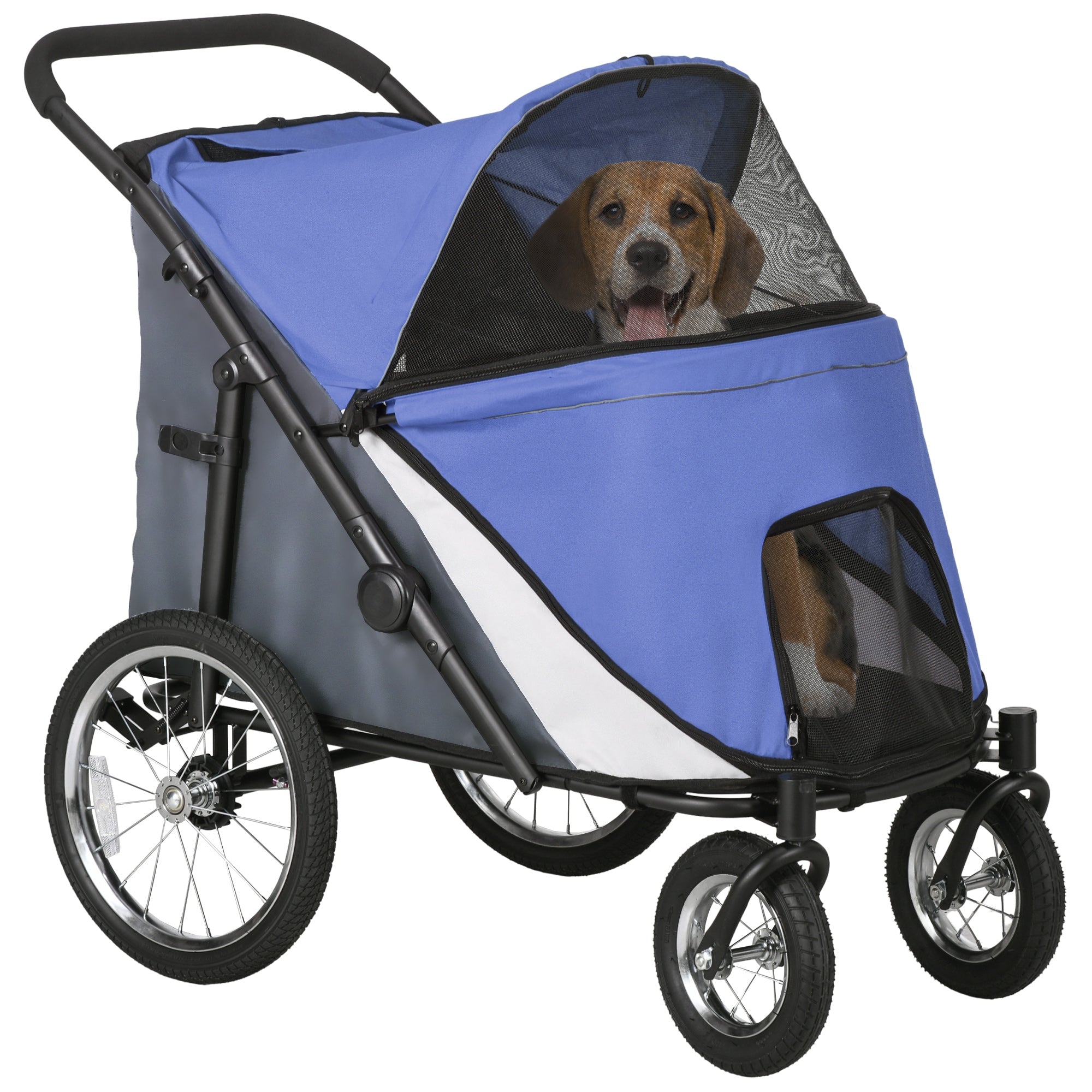 PawHut Foldable Pet Stroller, with Washable Cushion, Storage Bags, Safety Leash, for Medium, Large Dogs, Cats - Blue 