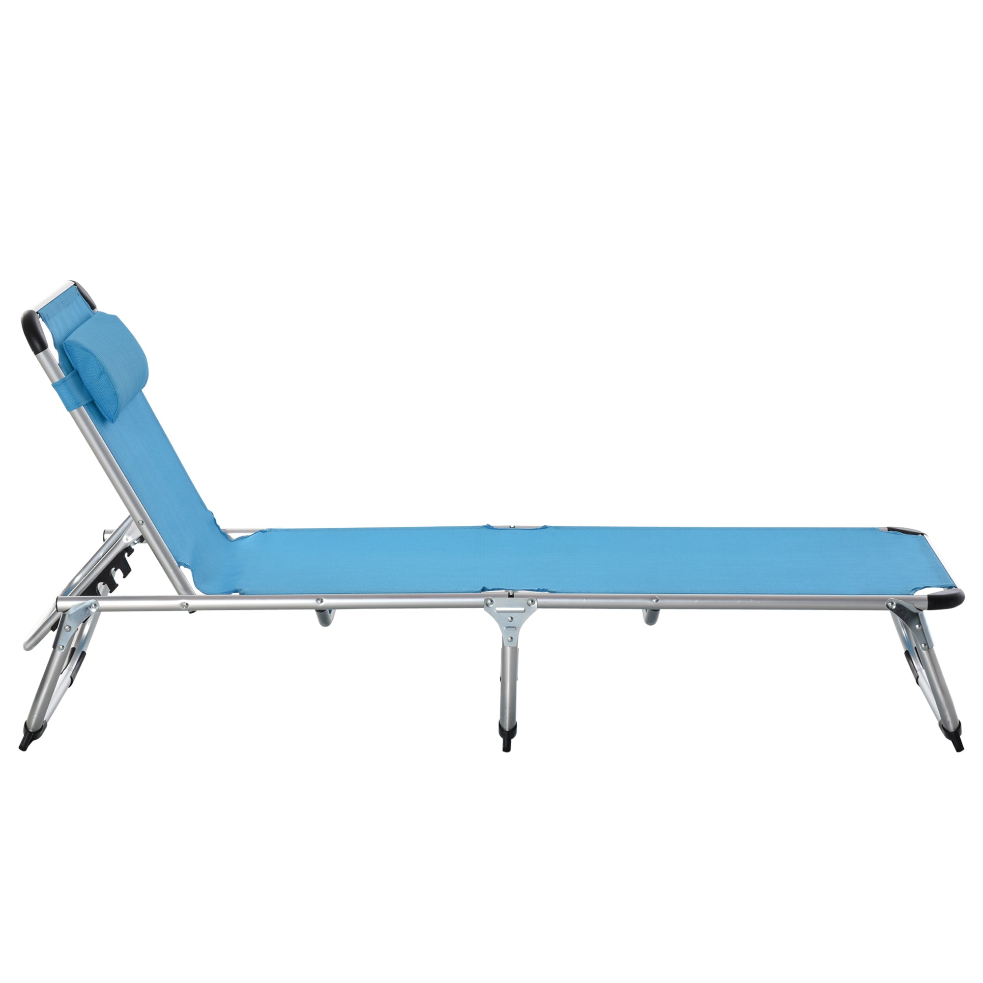 Outsunny Foldable Outdoor Sun Lounger, Reclining Lounge Chair Camping Bed Cot with Pillow 4-Level Adjustable Back Aluminium Frame, Blue 