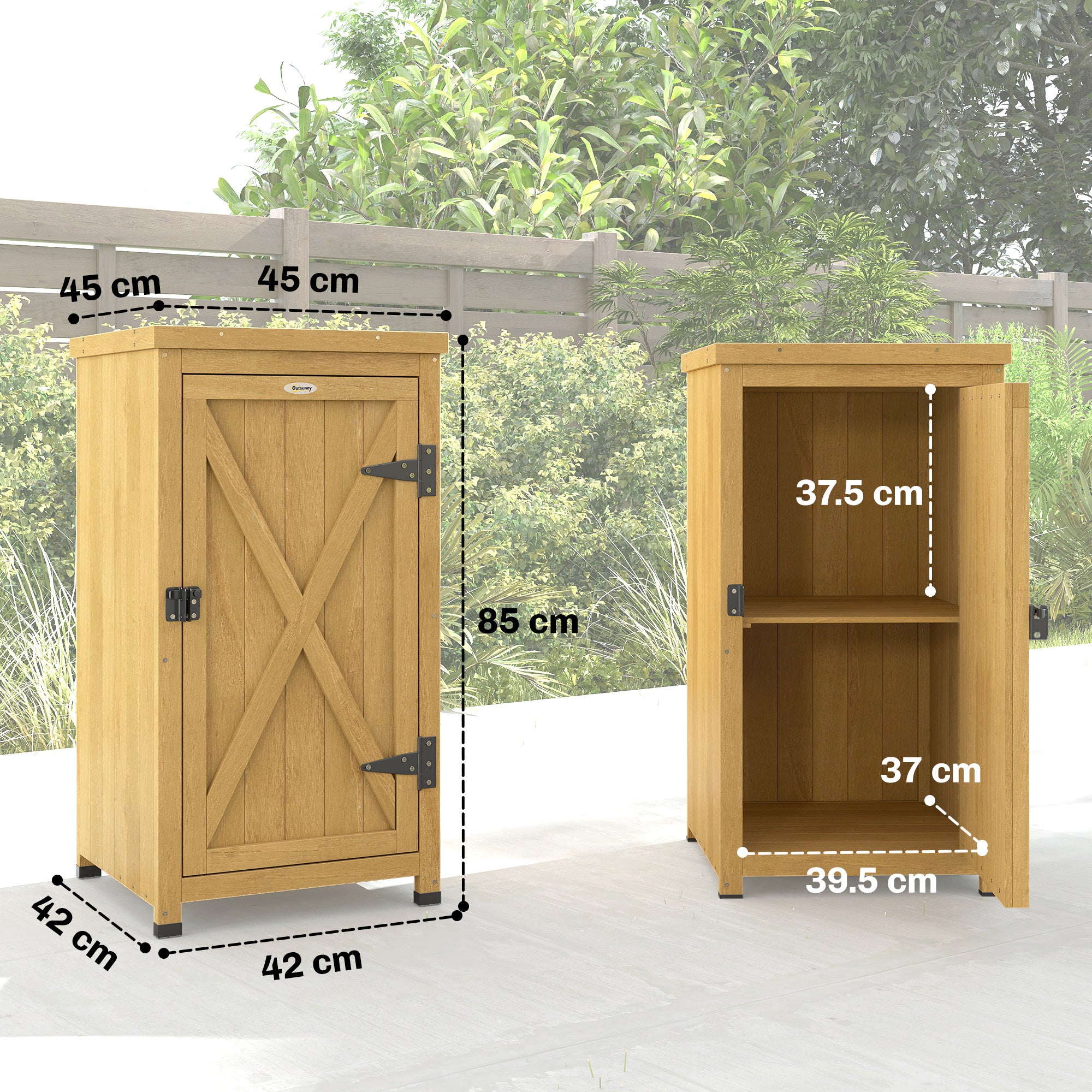 Outsunny Wooden Garden Shed, Garden Tool Storage Shed with Metal Top and Shelf, Light Brown 