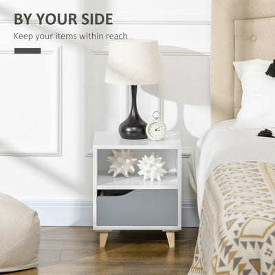 HOMCOM Set of 2 Modern Bedside Tables with Shelves, Drawers and Wood Legs, 36.8cm x 33cm x 43.8cm, White and Grey 