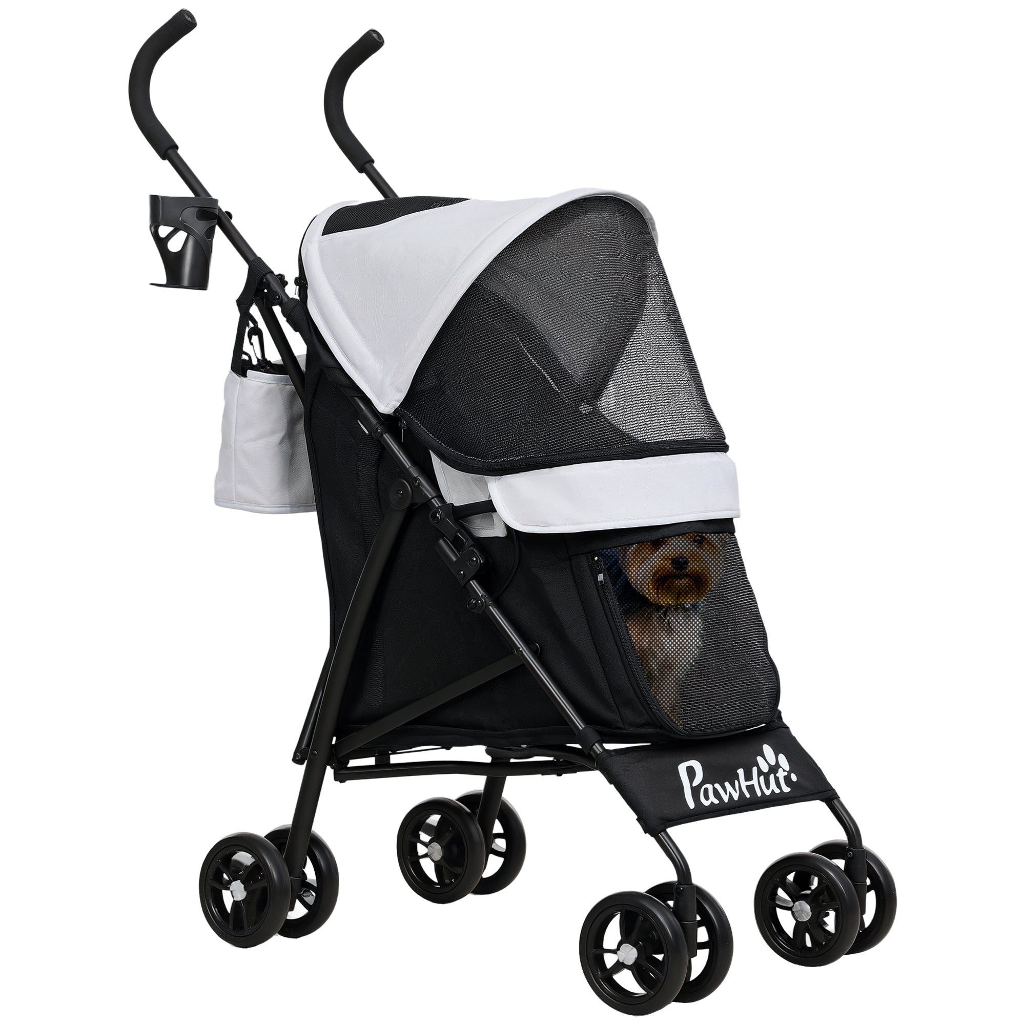 PawHut Umbrella Structure Dog Stroller, Lightweight & Portable Dog Pram w/ Shoulder Strap, Storage Bag & Cup Holder, Light Grey 