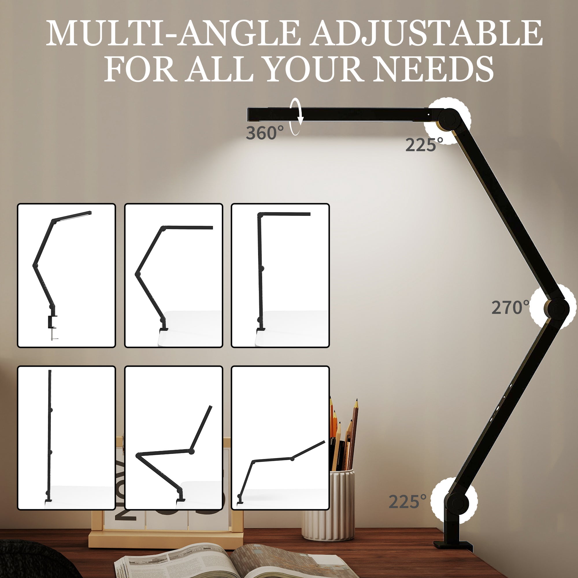 HOMCOM LED Desk Lamp, Dimmable Desk Light with Swing Arm and Clamp, Adjustable Eye-Caring Table Lamp with 2 Colour Modes & 5 Brightness Levels for Study, Drawing, Office, Architect, Task, Black 