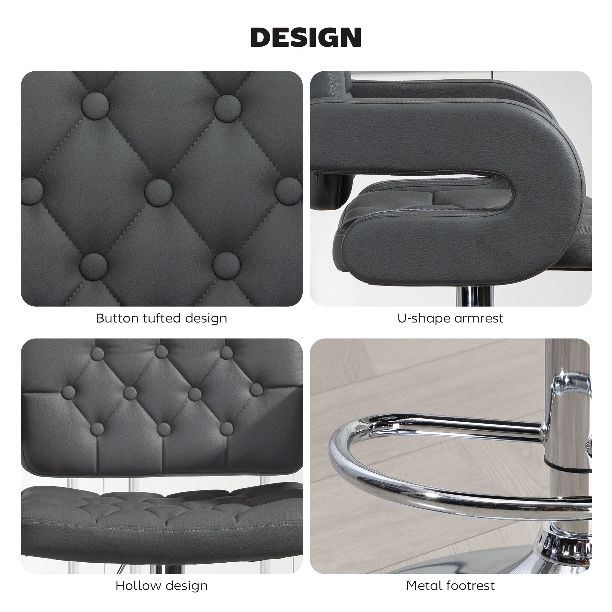 HOMCOM PU Leather Upholstered Swivel Bar Stool, Height Adjustable with Back, Armrest, Footrest, Grey 