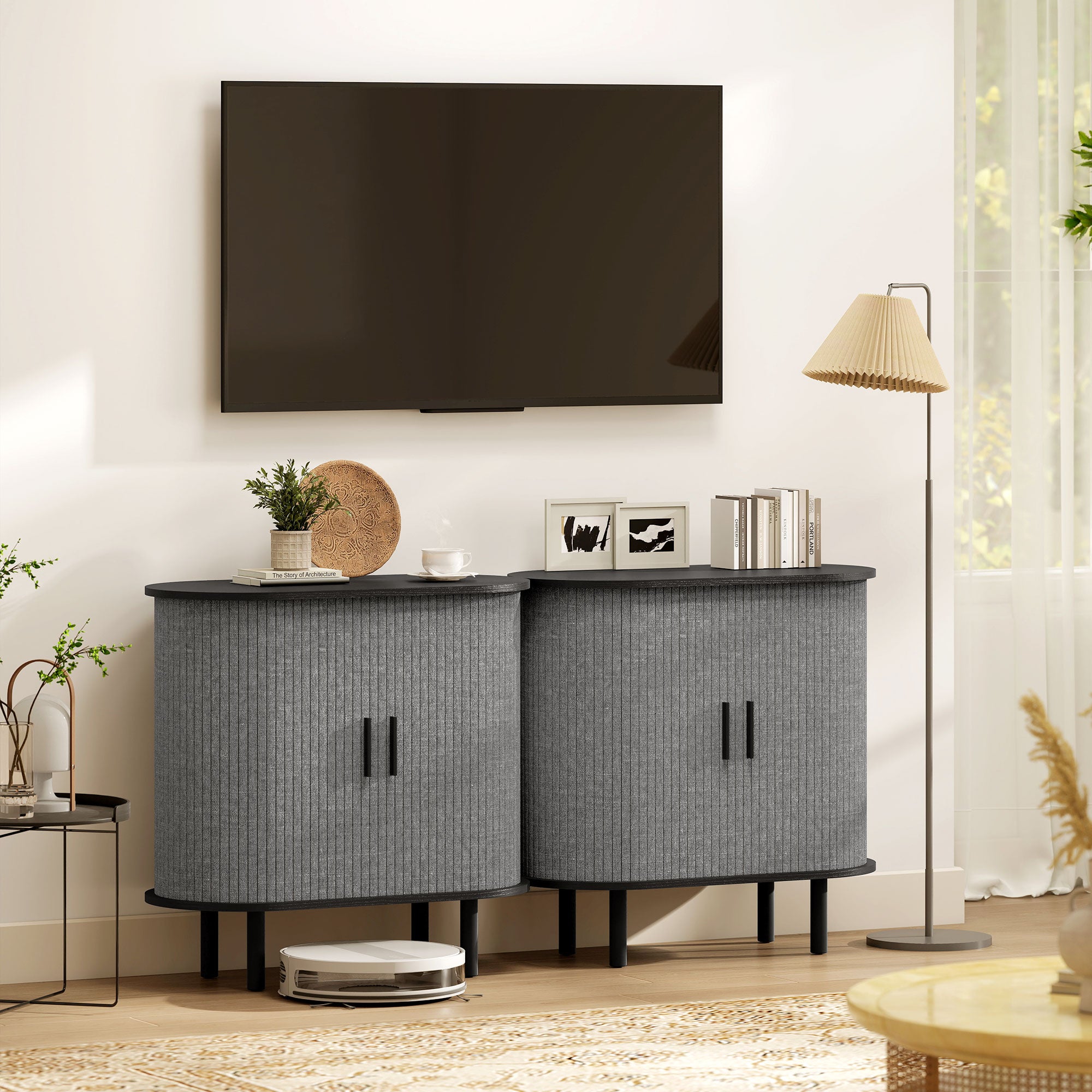 HOMCOM Tambour Sideboard with Fluted Sliding Doors, Modern Kitchen Cupboard with Storage Shelves and Wooden Legs, Grey 