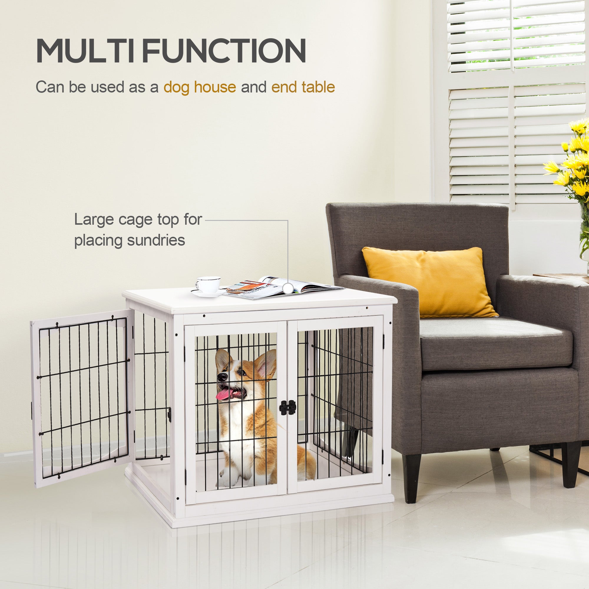 PawHut Dog Crate Furniture, Puppy Crate End Table, Pet Kennel House with 2 Doors for Medium and Small Dogs, 81 x 58.5 x 66 cm, White 