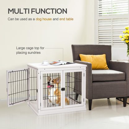 PawHut Dog Crate Furniture, Puppy Crate End Table, Pet Kennel House with 2 Doors for Medium and Small Dogs, 81 x 58.5 x 66 cm, White 