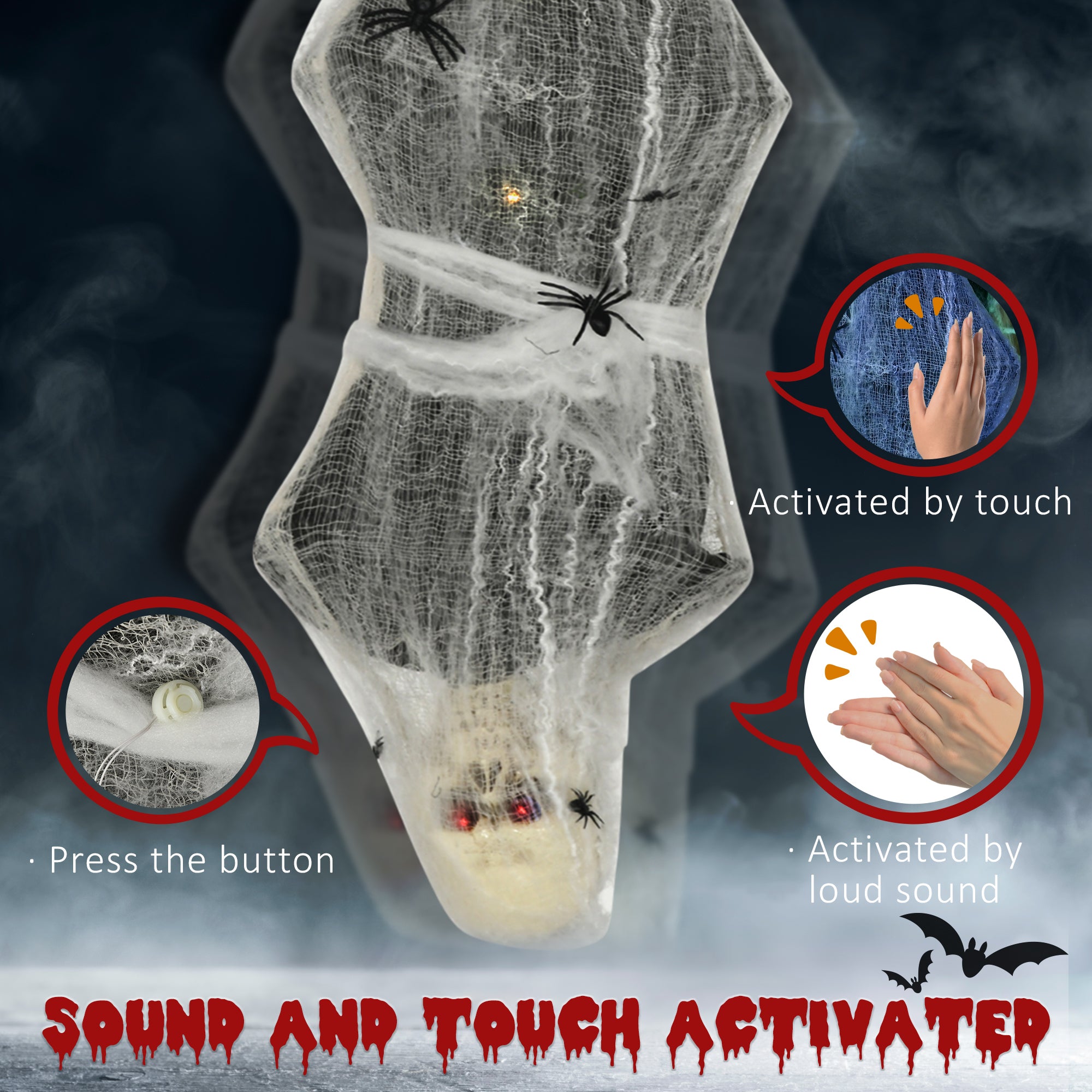 HOMCOM 4.7ft Life Size Outdoor Halloween Decoration Hanging Mummy with Spider Web, Animated Prop Decor with Sound and Motion Activated, Light Up Eyes, Howling Sound, Posable Arms, Moving Body