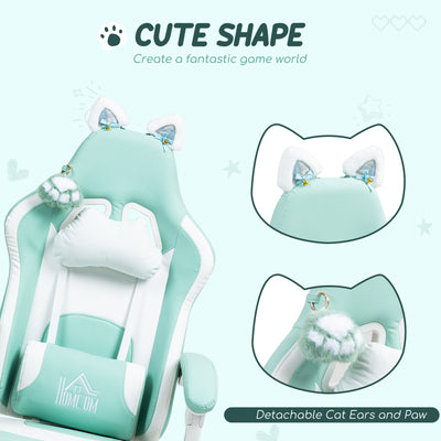 HOMCOM Cat Ear and Paw Reclining Office Chair, with Footrest - Light Blue/White 