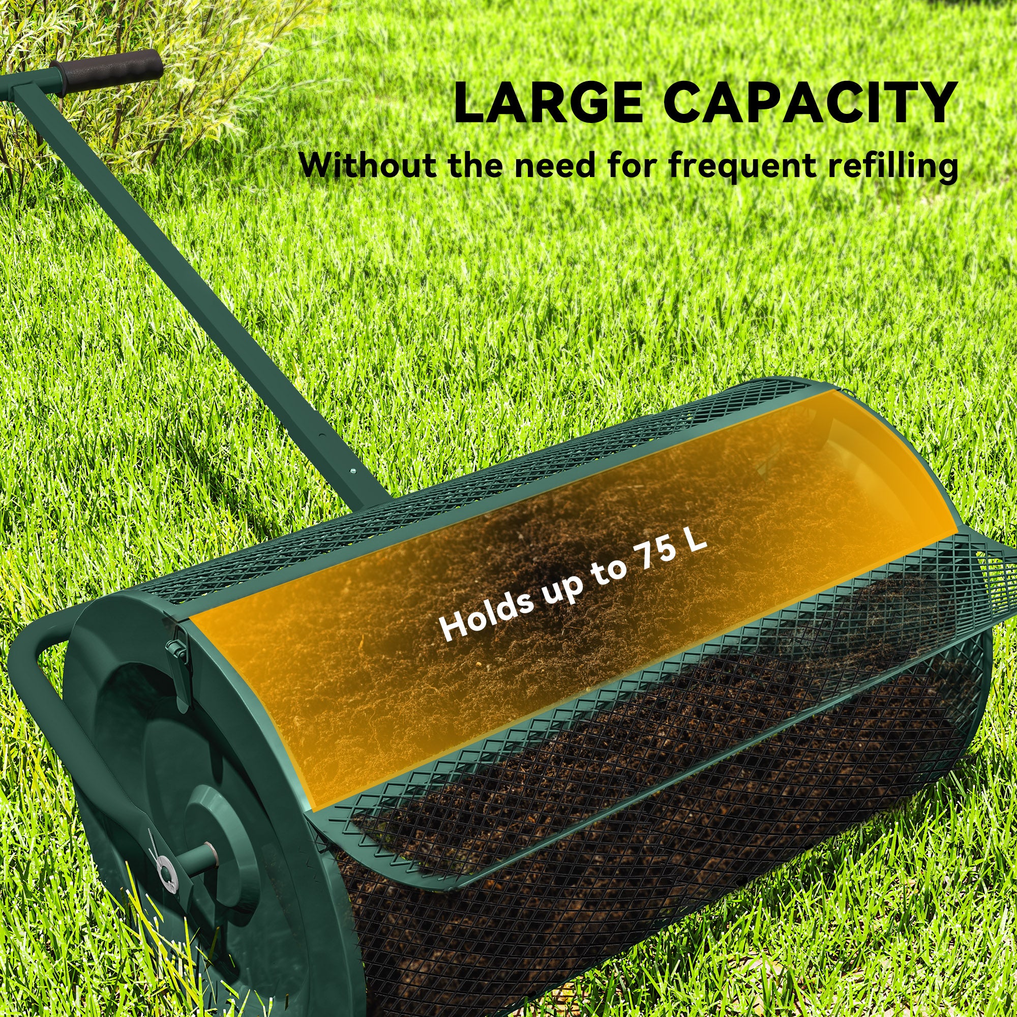Outsunny Compost Spreader, 24" Peat Moss Spreader with Height Adjustable T Shaped Handle and Metal Mesh Basket, Garden Spreader for Seeding, Spreading Manure, Green 