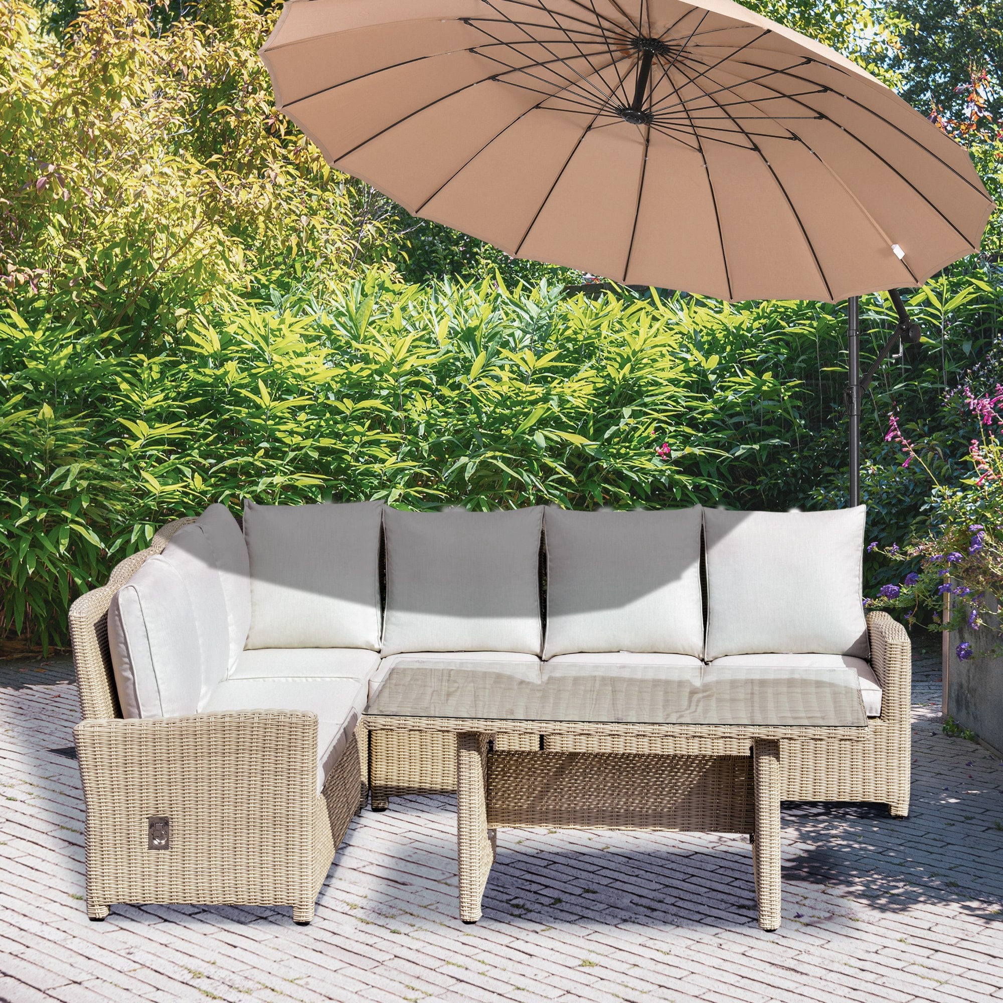 Outsunny 5 PCS Reclining PE Rattan Garden Dining Set Bonzer Patio Furniture w/ Sofa Chairs Glass Table, Olefin Cushions Adjustable Feet Stylish Lounge Conversation 