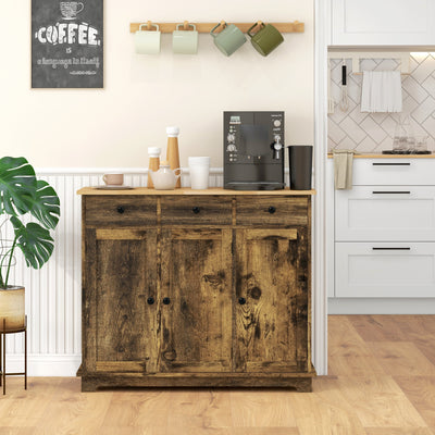 HOMCOM Sideboard with Rubberwood Top and Adjustable Shelves for Dining Room, Kitchen - Rustic Brown 