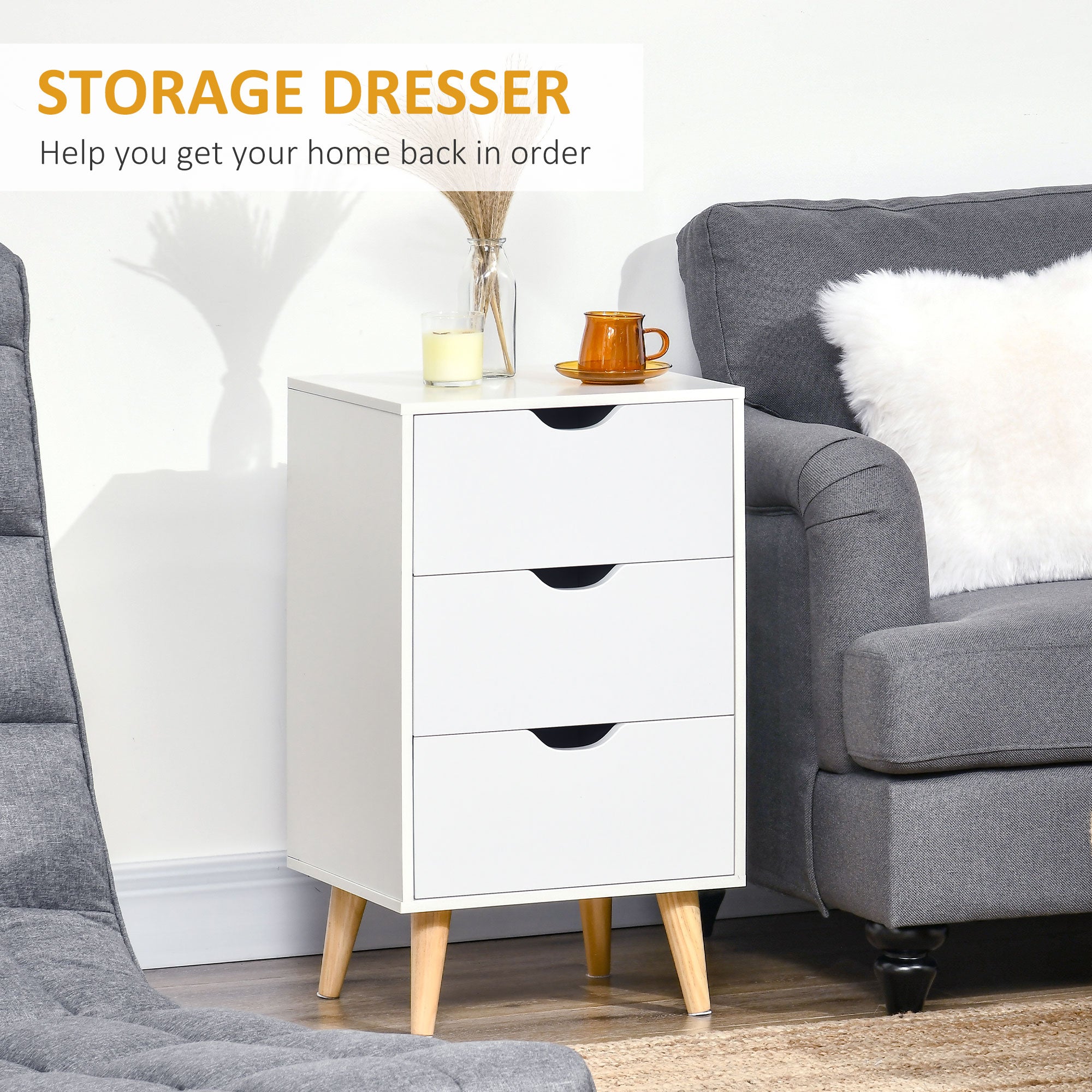 HOMCOM Bedside Table, Bedside Cabinet with 3 Drawers, Small Side Table with Wood Legs and Cut-out Handles for Bedroom, Cream White 